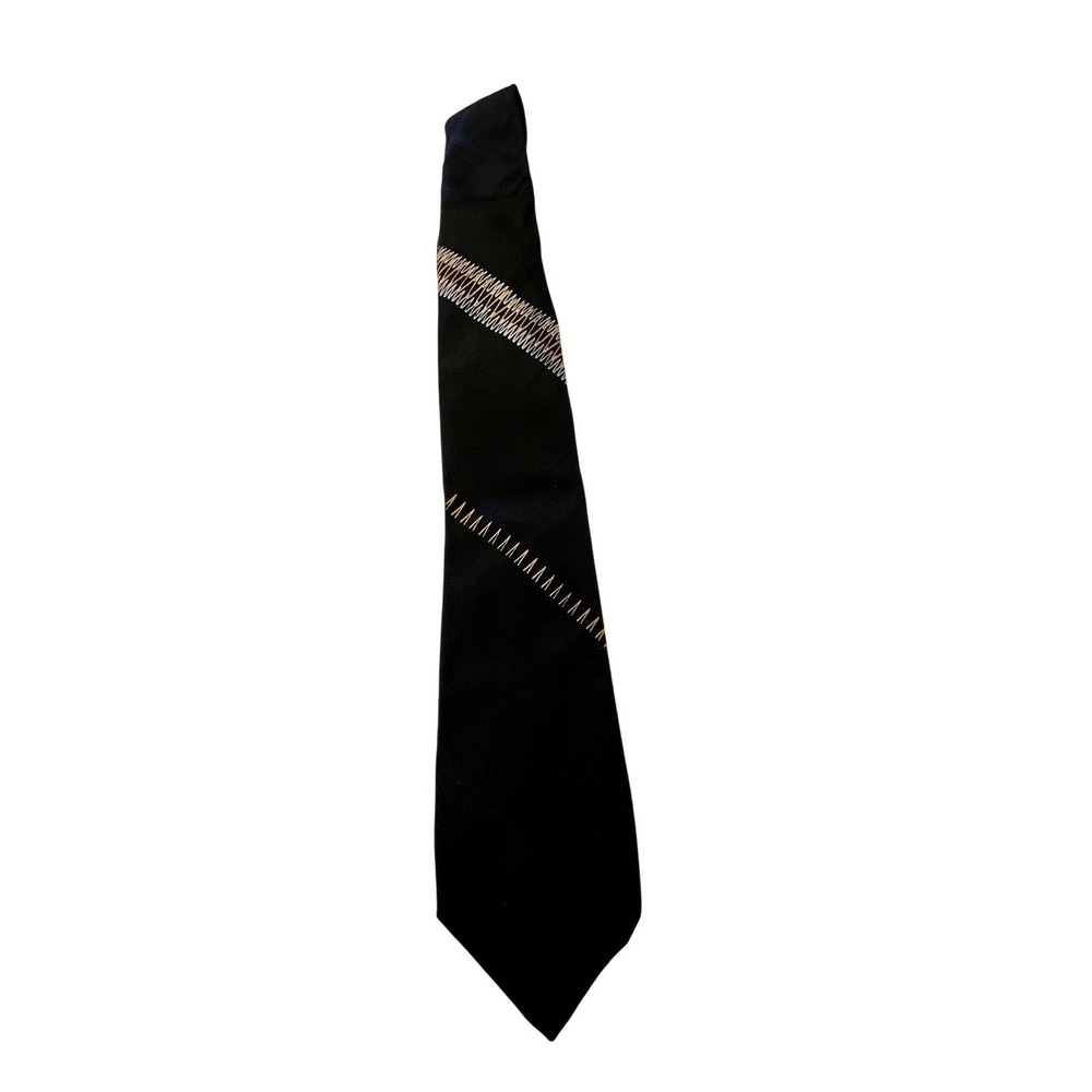 Wembley Vintage Mens Navy Blue Embroidered Geometric Zigzag Silk Blend Necktie